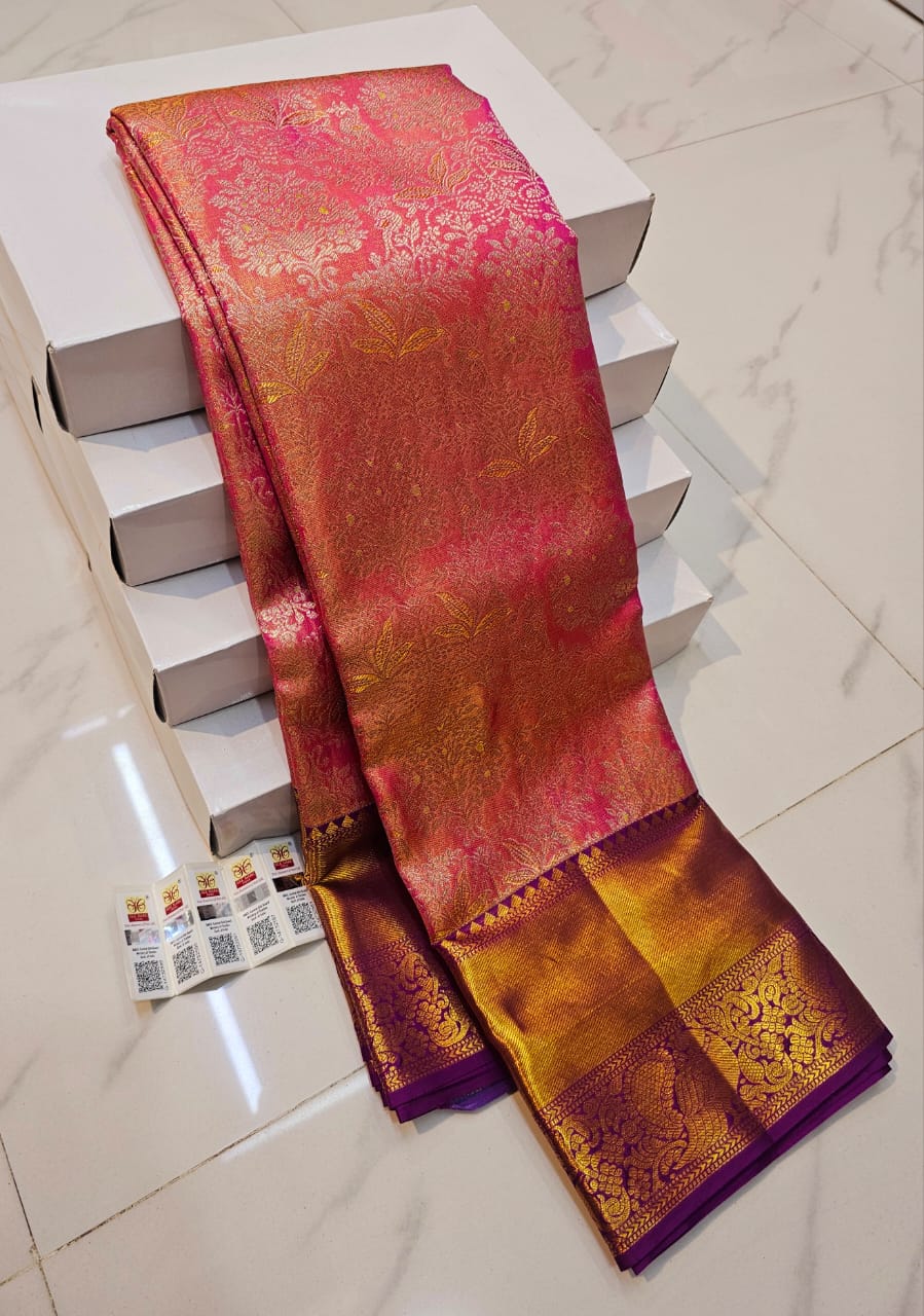 "Radiant Rose" - Pink Kanchipuram Silk Saree with Golden Zari Weaves🌺💛