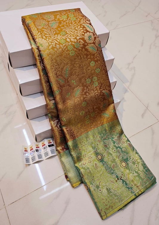 "Golden Green Blossom"– Pure Kanchipuram Handloom Silk Saree