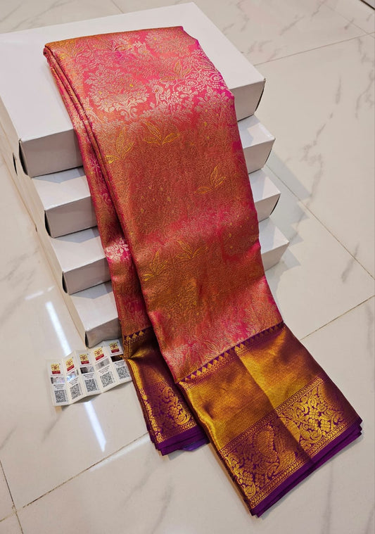 "Radiant Rose" - Pink Kanchipuram Silk Saree with Golden Zari Weaves🌺💛