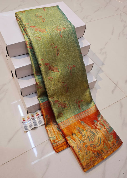"Heritage Elegance" - Green Kanchipuram Silk Saree with Temple Border
