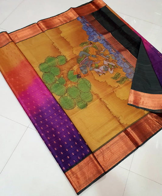 ✨️"Divine Melody - Semi Silk Saree with Krishna Pattachitra Design"✨️🌿